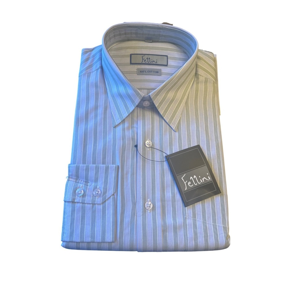 Fellini Mens Formal Shirt Size 42 16.5" 100% Cotton Blue & White‎ Stripes
